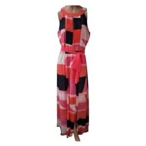 Vince Camuto Pink Blue Orange Colorblock Keyhole Halter Maxi Dress Size 10